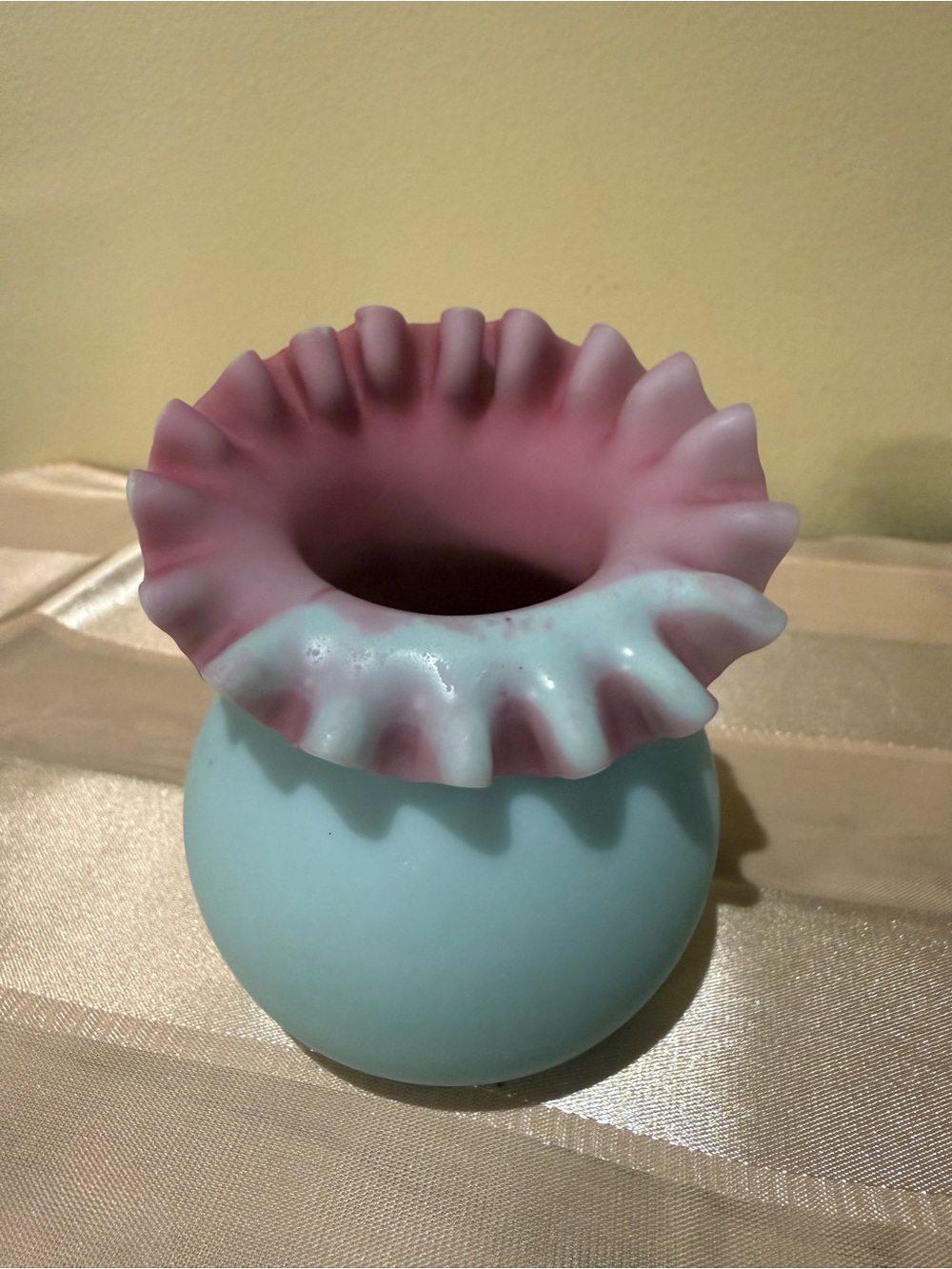 Vintage Blue Satin Glass Rose Bowl Vase - Pink Ruffled Rim - Cased Art Glass